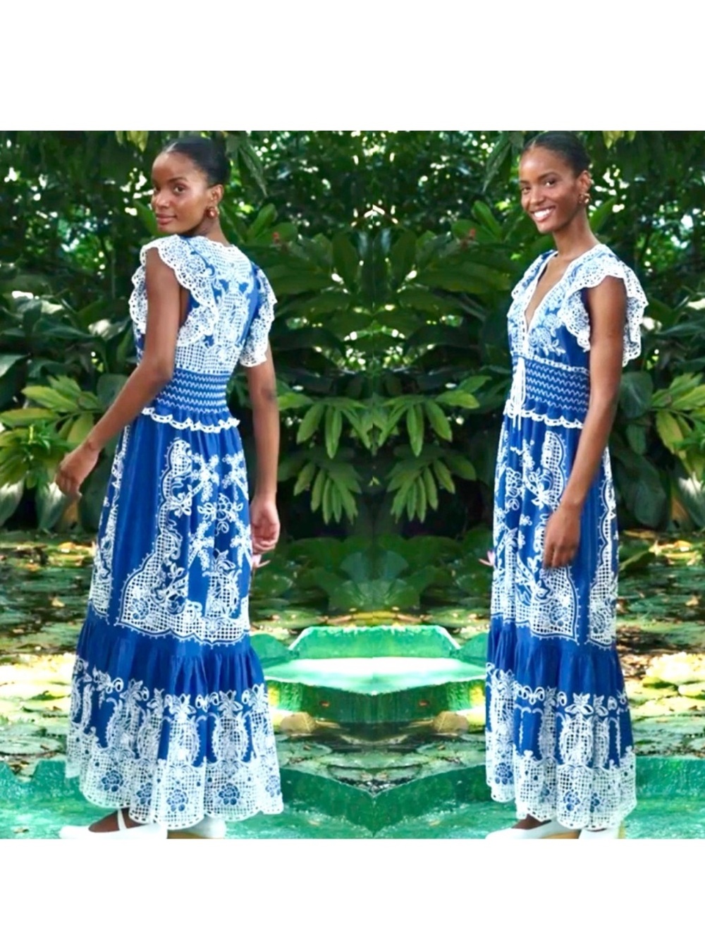 NWT Farm Rio Romantic Richelieu Embroidered Blue Maxi Dress size small video
